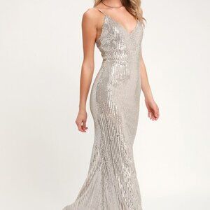 Lulus Moonlight Silver Sequin Maxi Dress - Size S